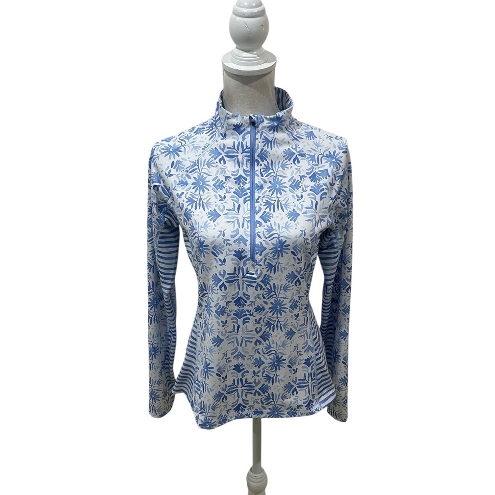 Vineyard Vines Blue Floral stripe 1/2 zip Long Sleeve performance wear Top small